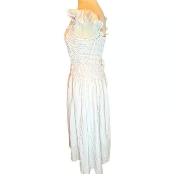 And Now This! White Dress Elastic Ruffle Sundress Strechy Smocked BOHO  Large - Picture 2 of 9